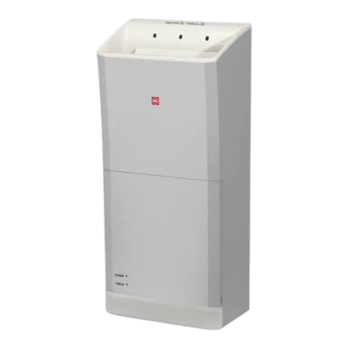 A white automatic hand sanitizer dispenser with a person's hands placed under the opening, shown against a plain white background.