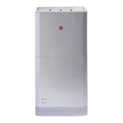 A tall, white appliance with a minimalist design, featuring a small red logo on the upper front and a translucent frosted lower section, shown against a plain white background.