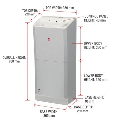 A dimension diagram of a compact upright appliance, likely a dryer or similar household machine, showing labeled measurements for overall height, top depth, top width, control panel height, upper body height, lower body height, base height, and base depth on a white background.
