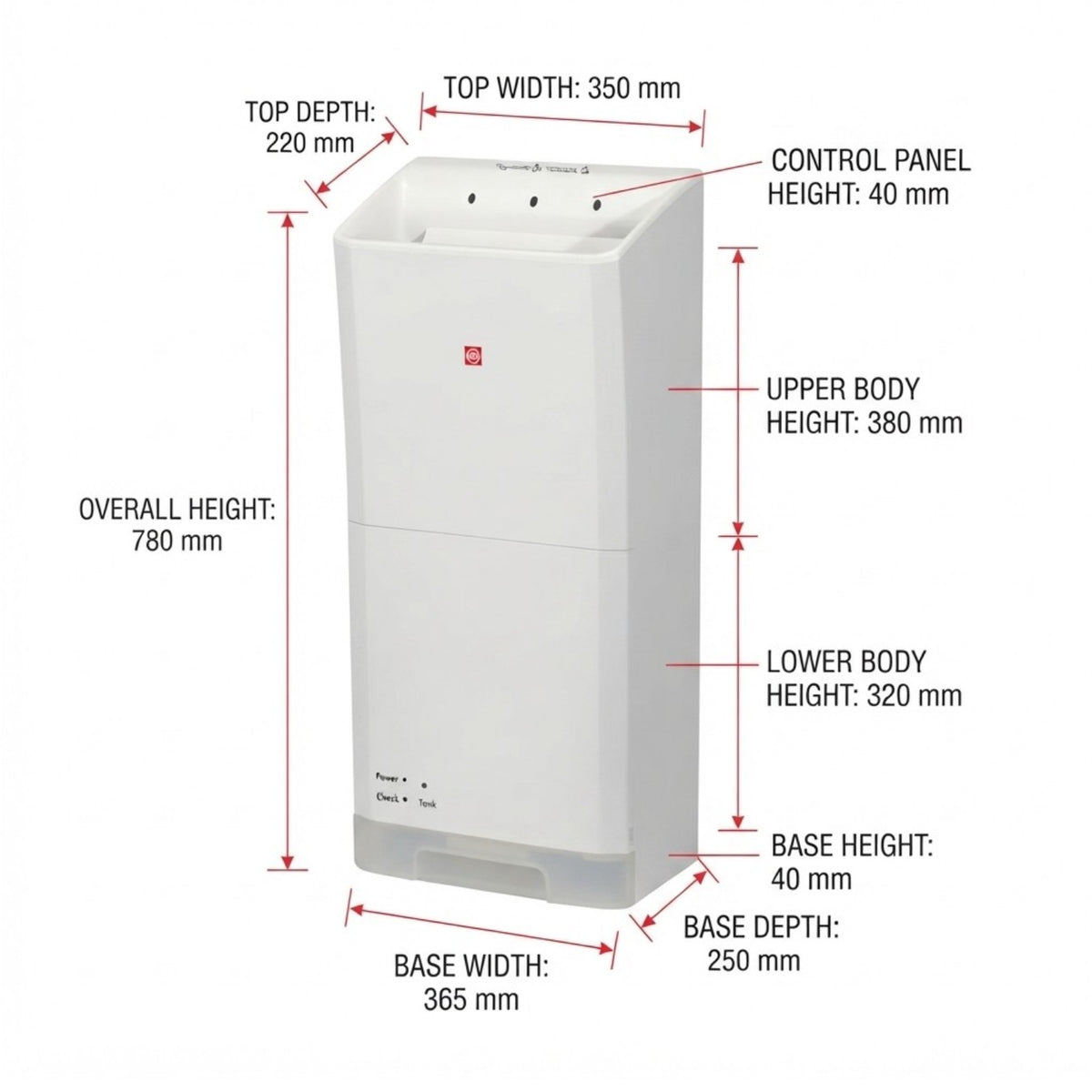 A white appliance shown with red dimension lines and labels indicating overall height, top width, upper body height, lower body height, base height, and base width on a light gray background.