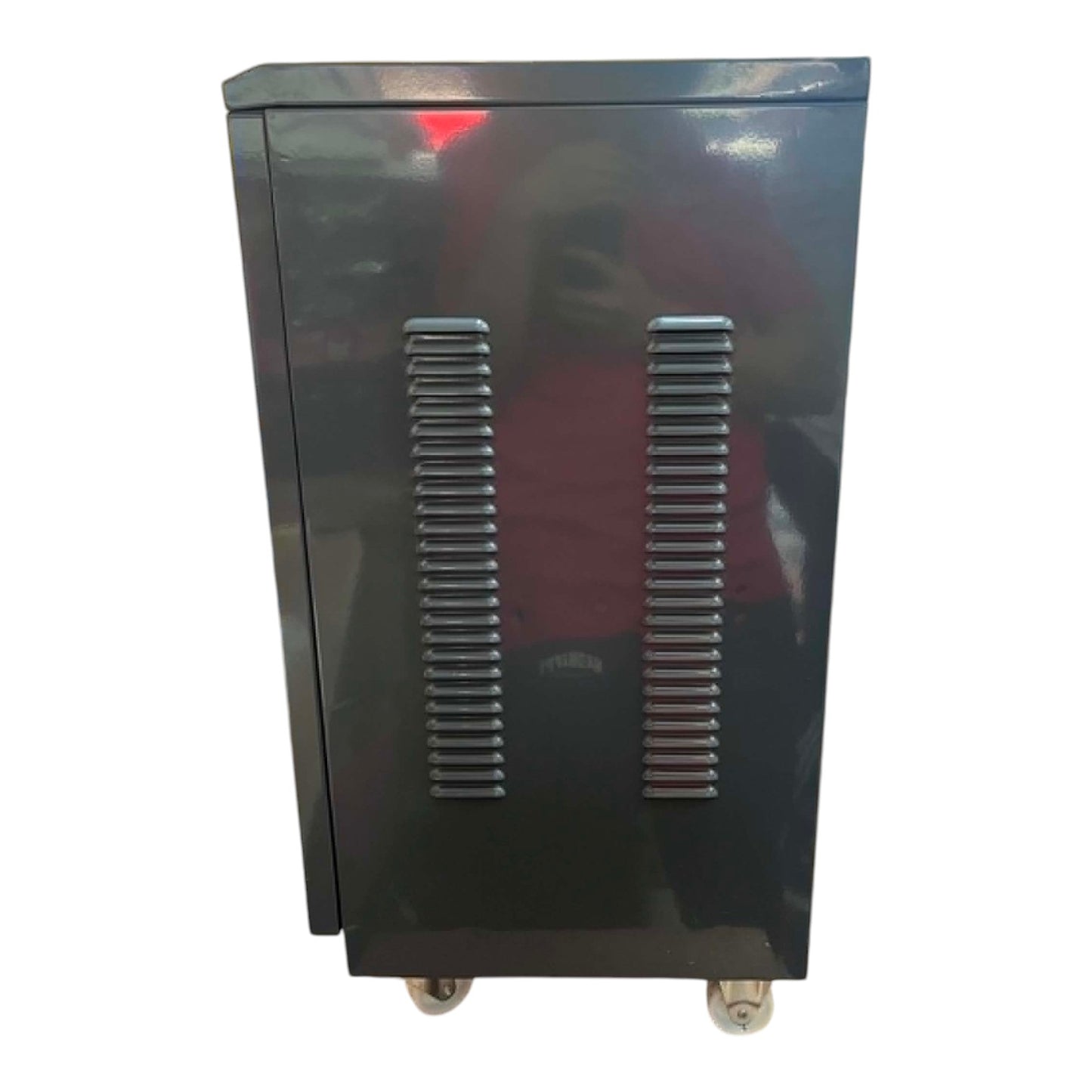 Metallic cabinet with wheels on a white background