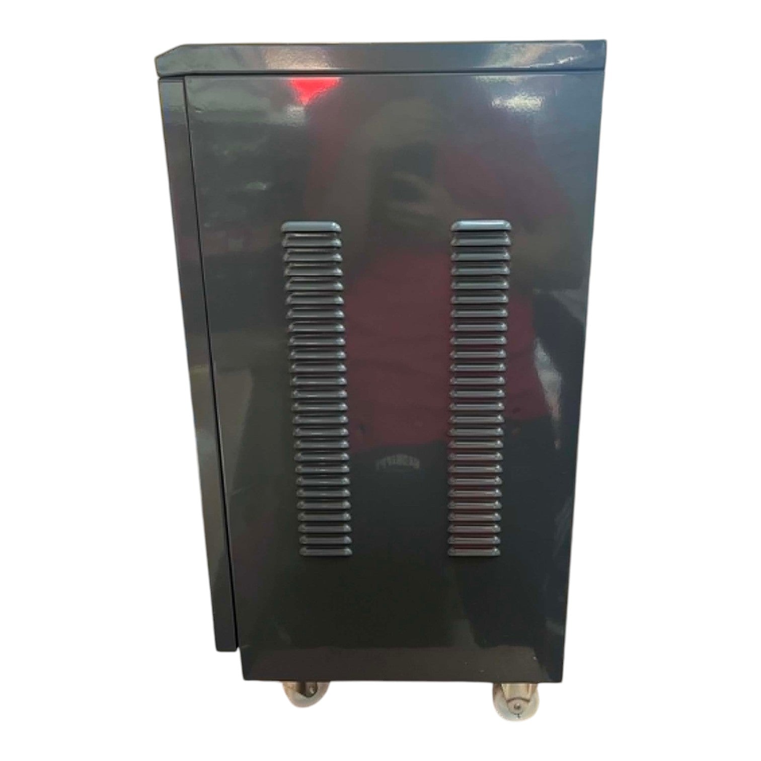 Metallic cabinet with wheels on a white background