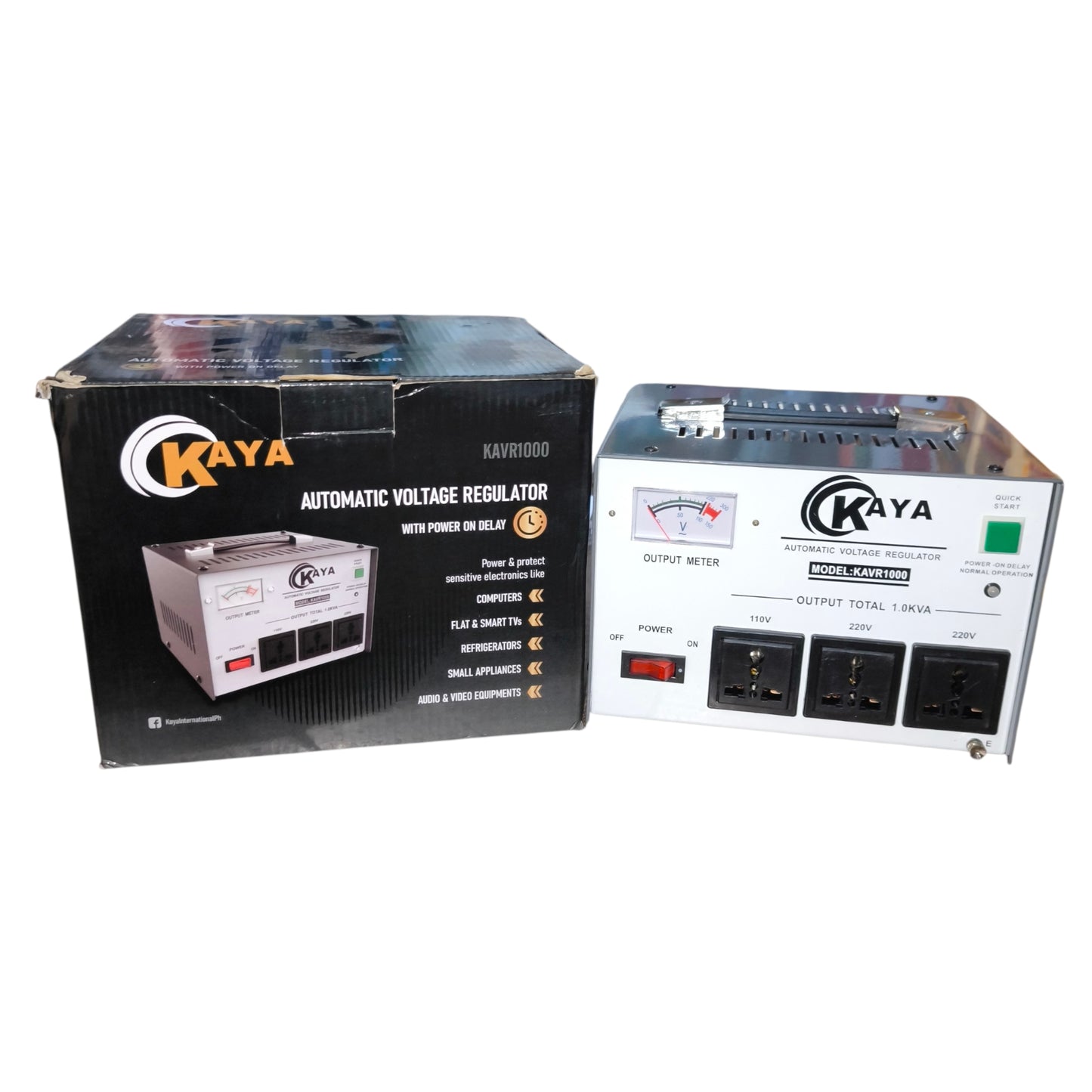 Kaya automatic voltage regulator with its packaging on a white background