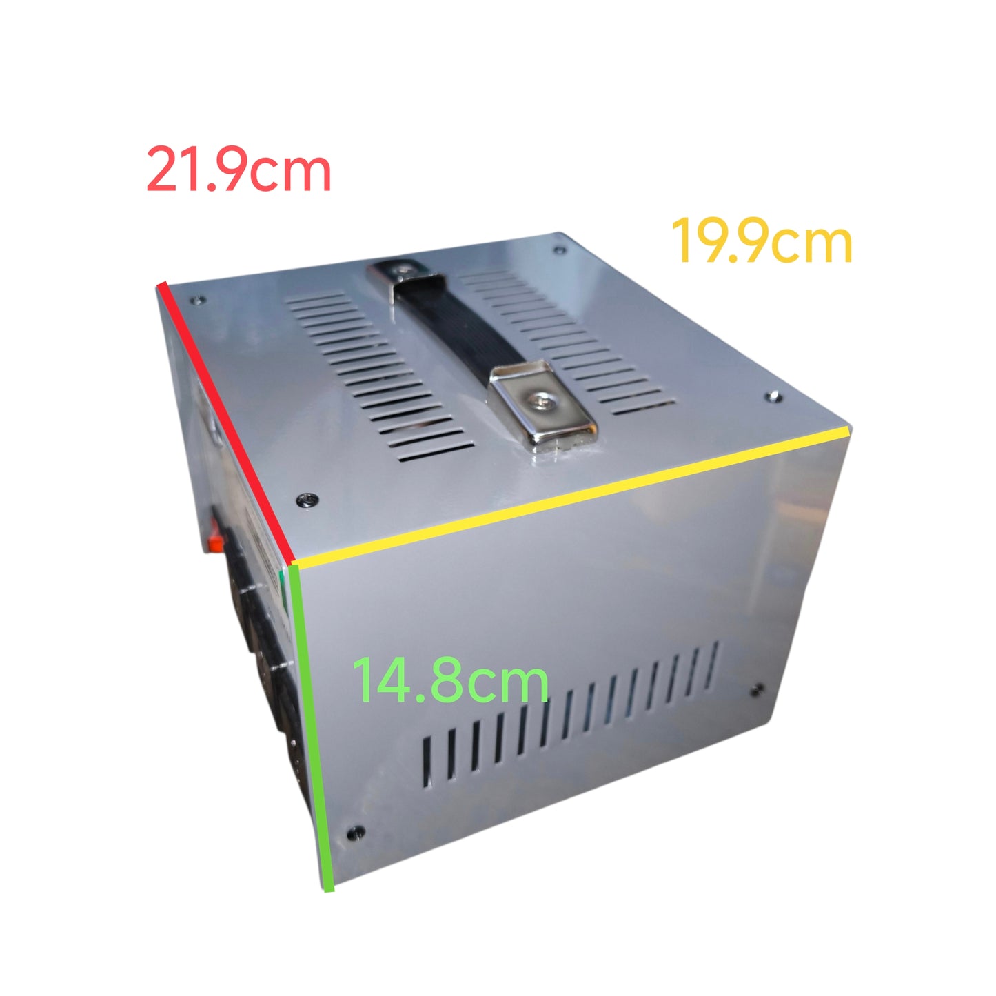 Metal box with dimensions labeled on a white background