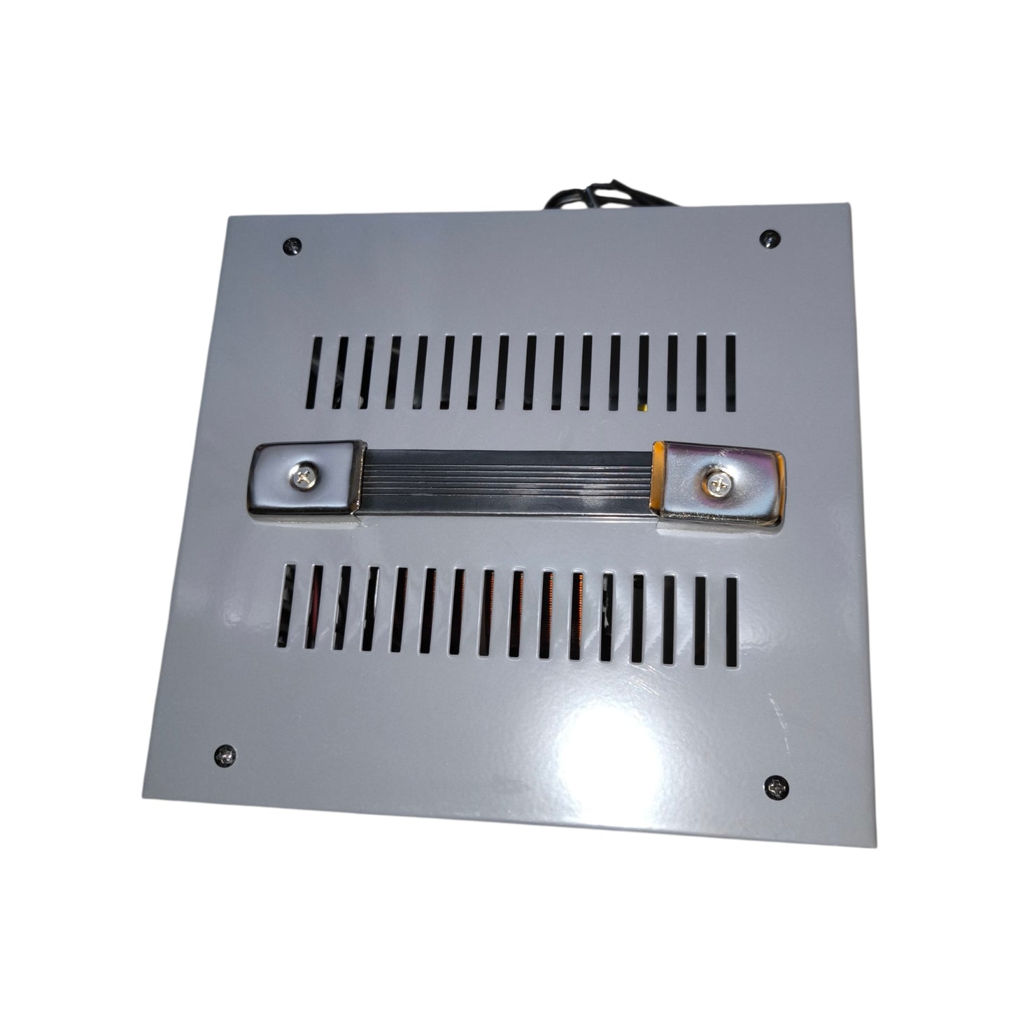Metallic rectangular component with a central strap on a white background