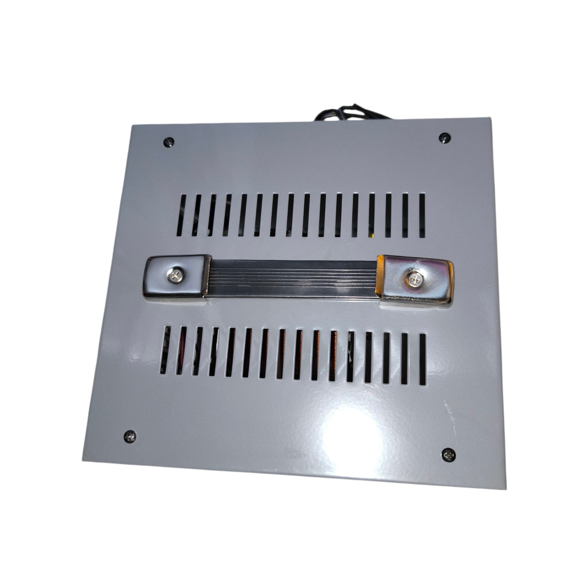 Metallic rectangular component with a central strap on a white background