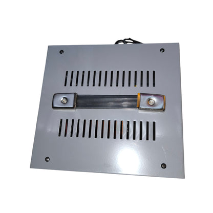 Metallic rectangular component with a central strap on a white background