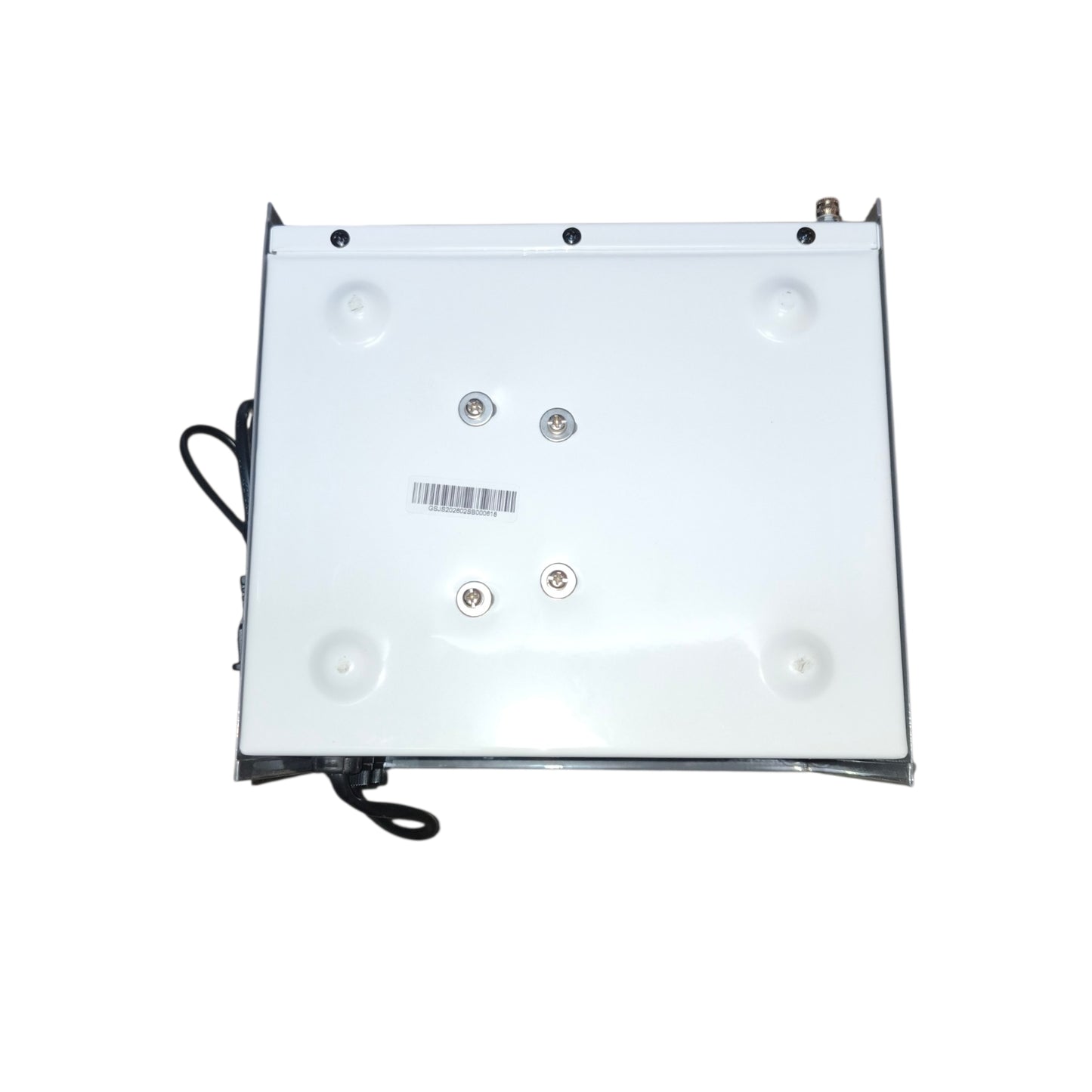 Rectangular white panel with screws and a cable on a white background