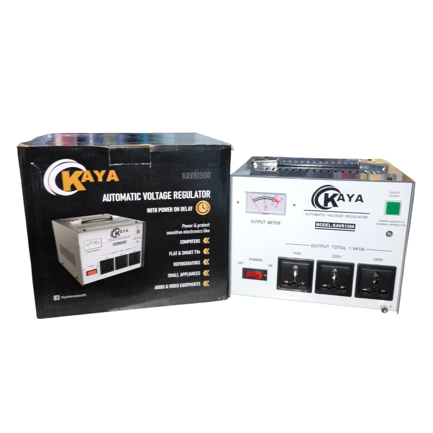 Kaya automatic voltage regulator with packaging on a white background