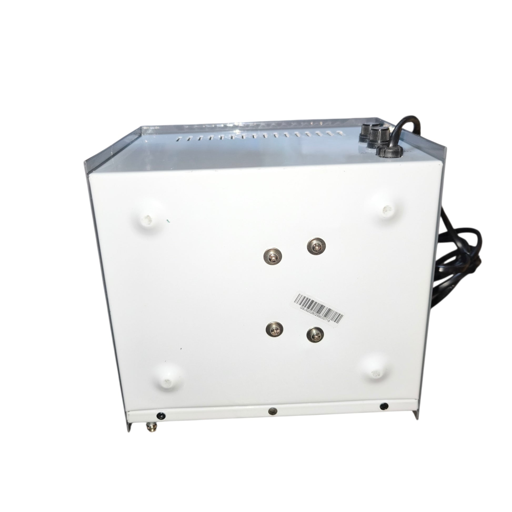 White industrial machine with metallic top on a white background