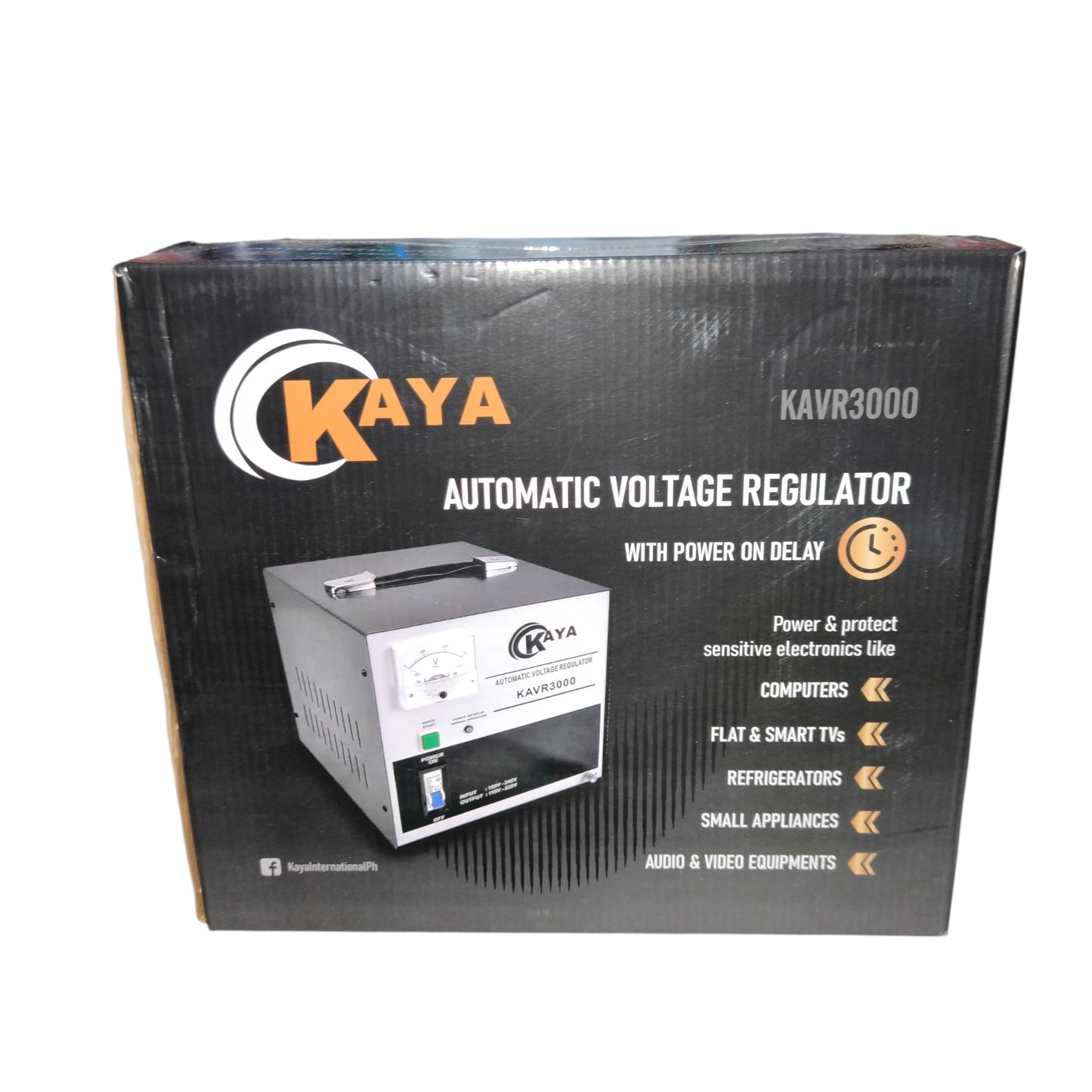 Kaya Automatic Voltage Regulator packaging with product image and features on a black background