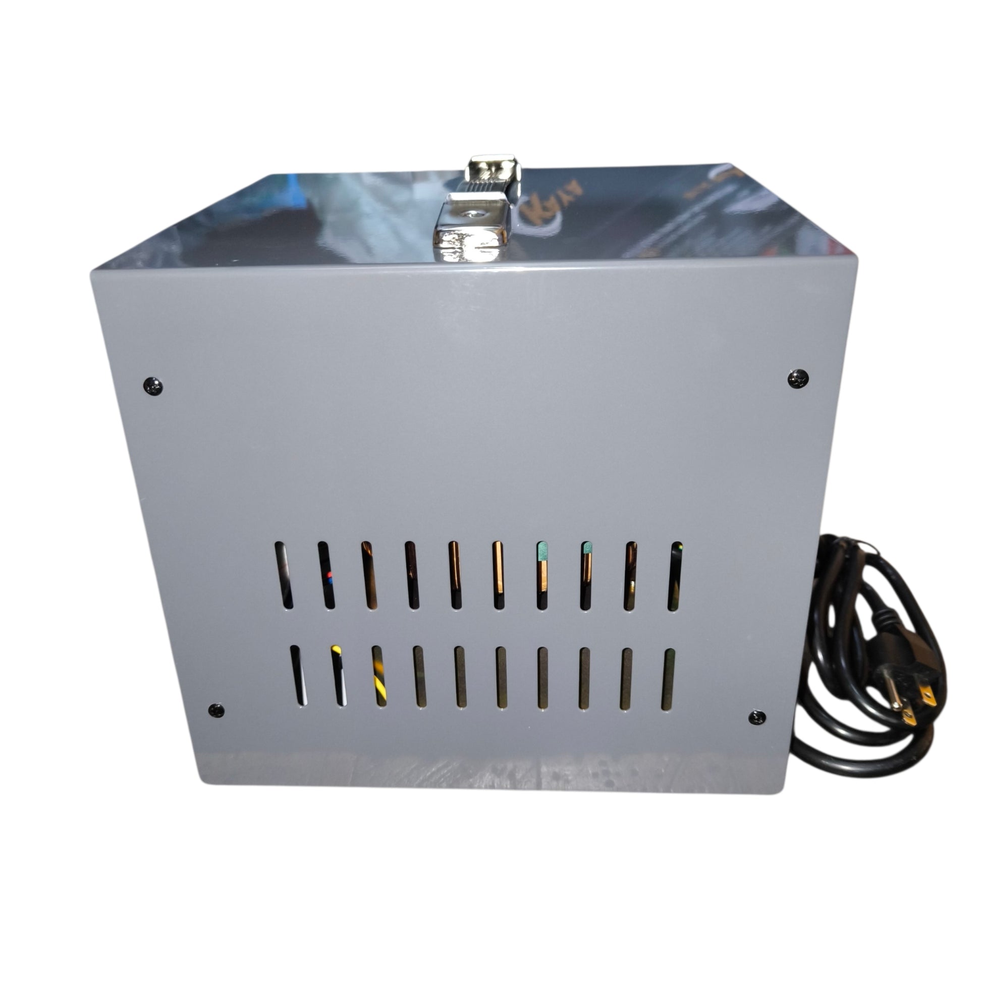 Metallic box with power cord on a white background