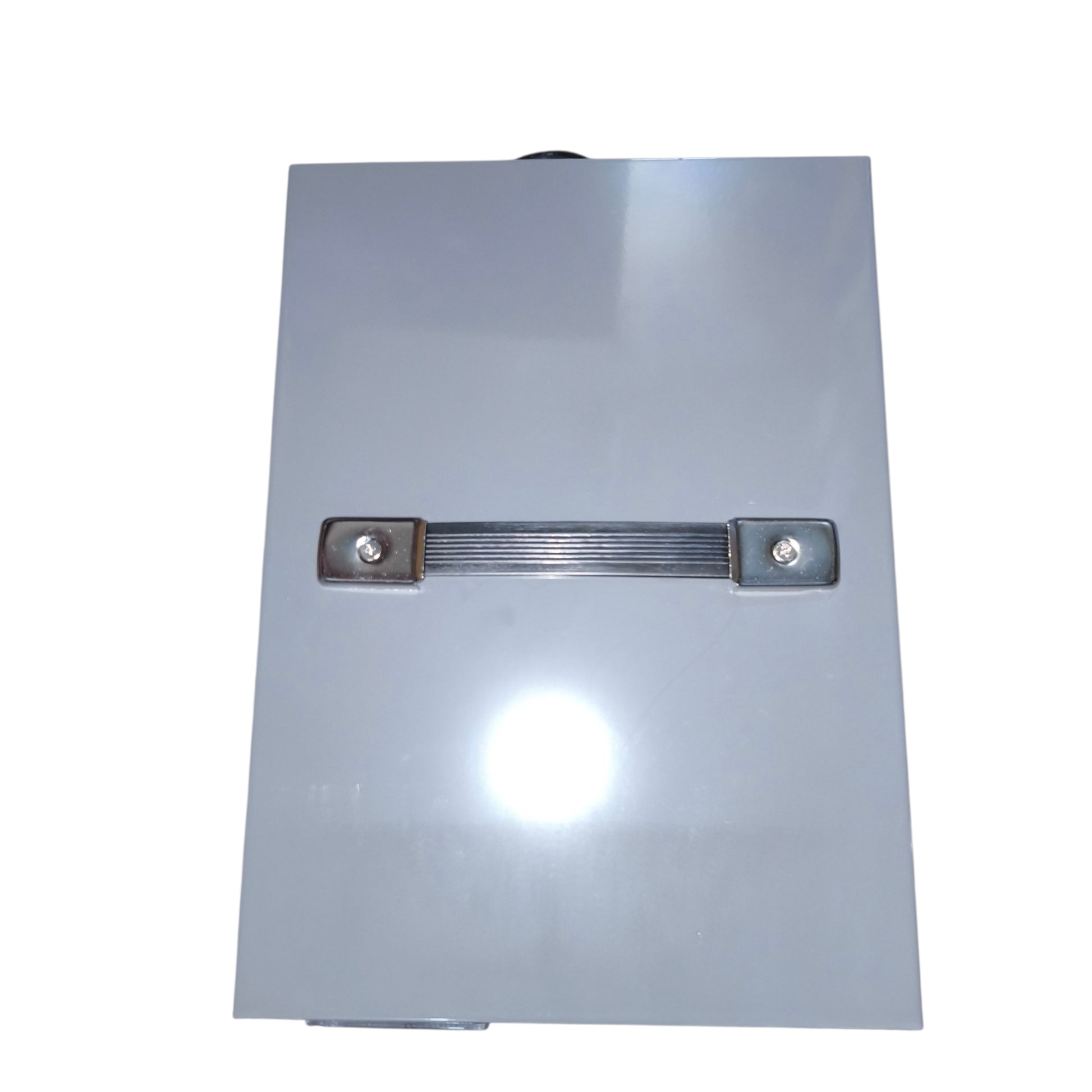 Metallic object with a central bar and two attachments on a white background