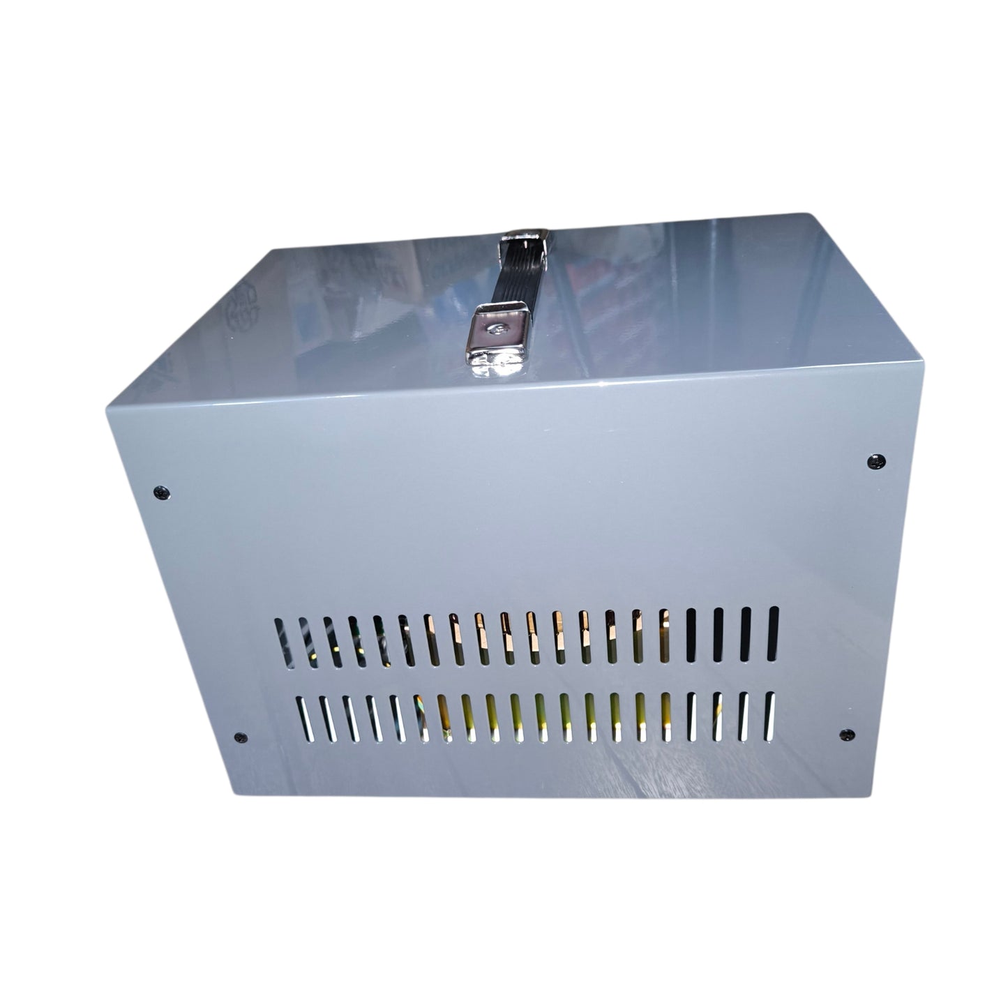 Metal box with ventilation grates on a white background