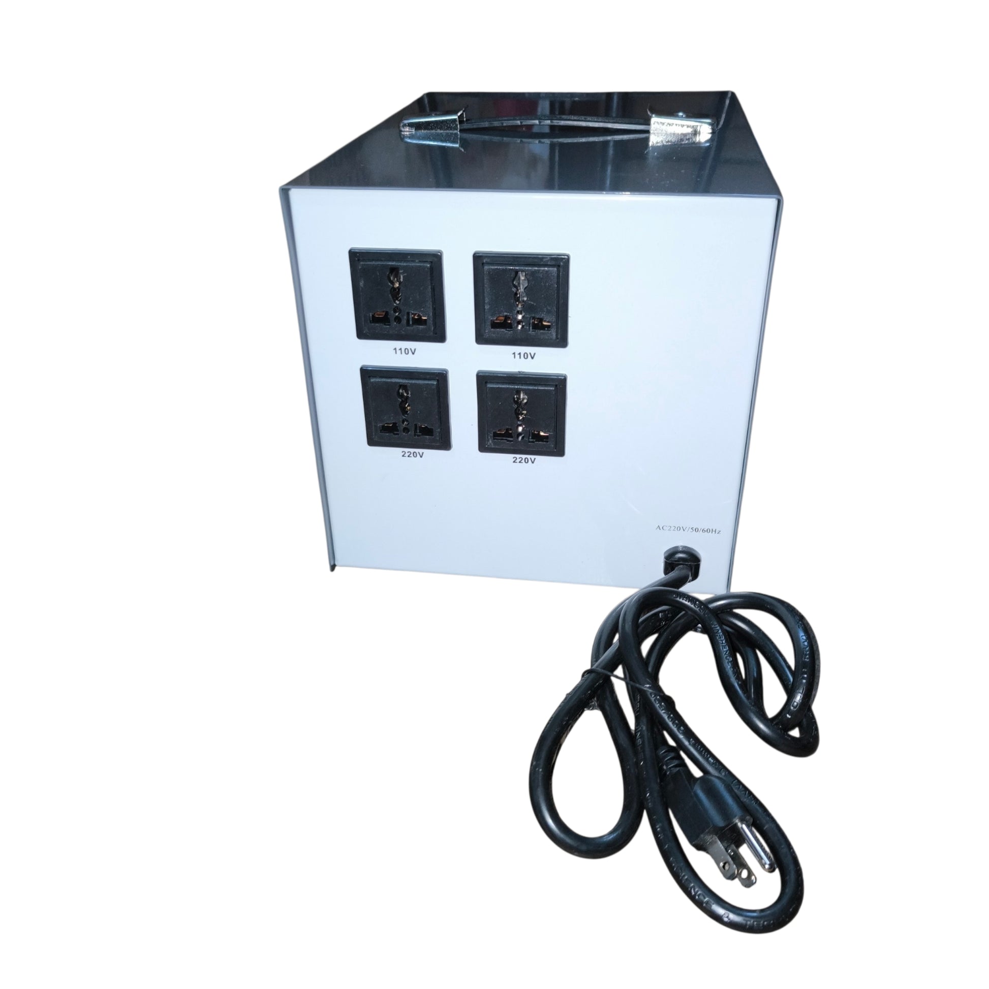 Power strip with multiple sockets and a power cord on a white background