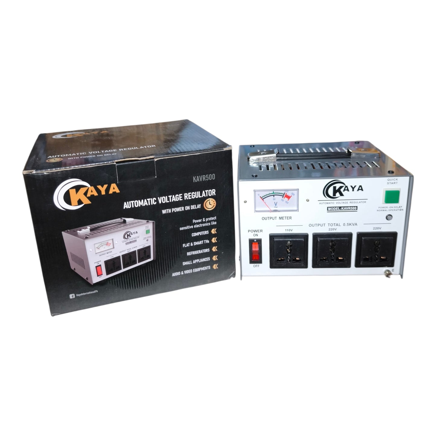 Kaya automatic voltage regulator with its packaging on a white background