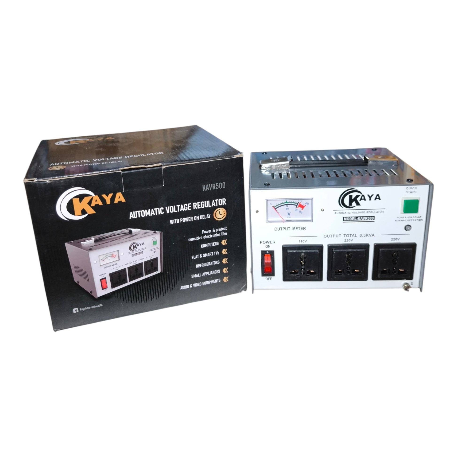 Kaya automatic voltage regulator with its packaging on a white background