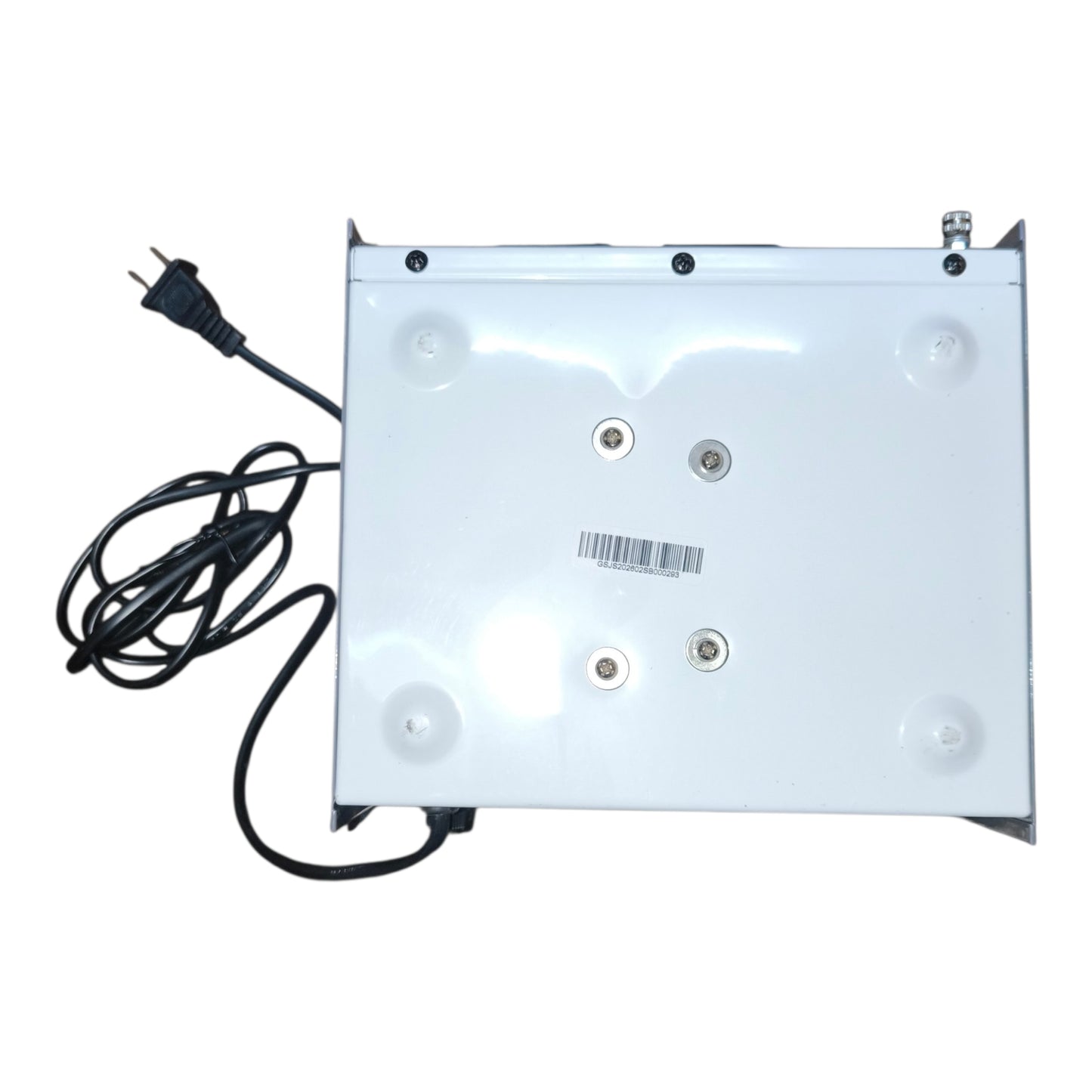 White electronic device with power cord on a white background
