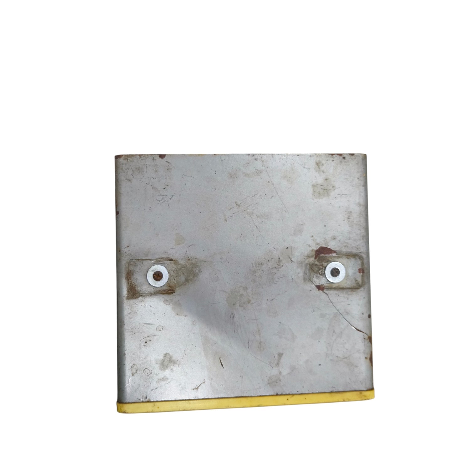 Metal bracket with two holes on a white background