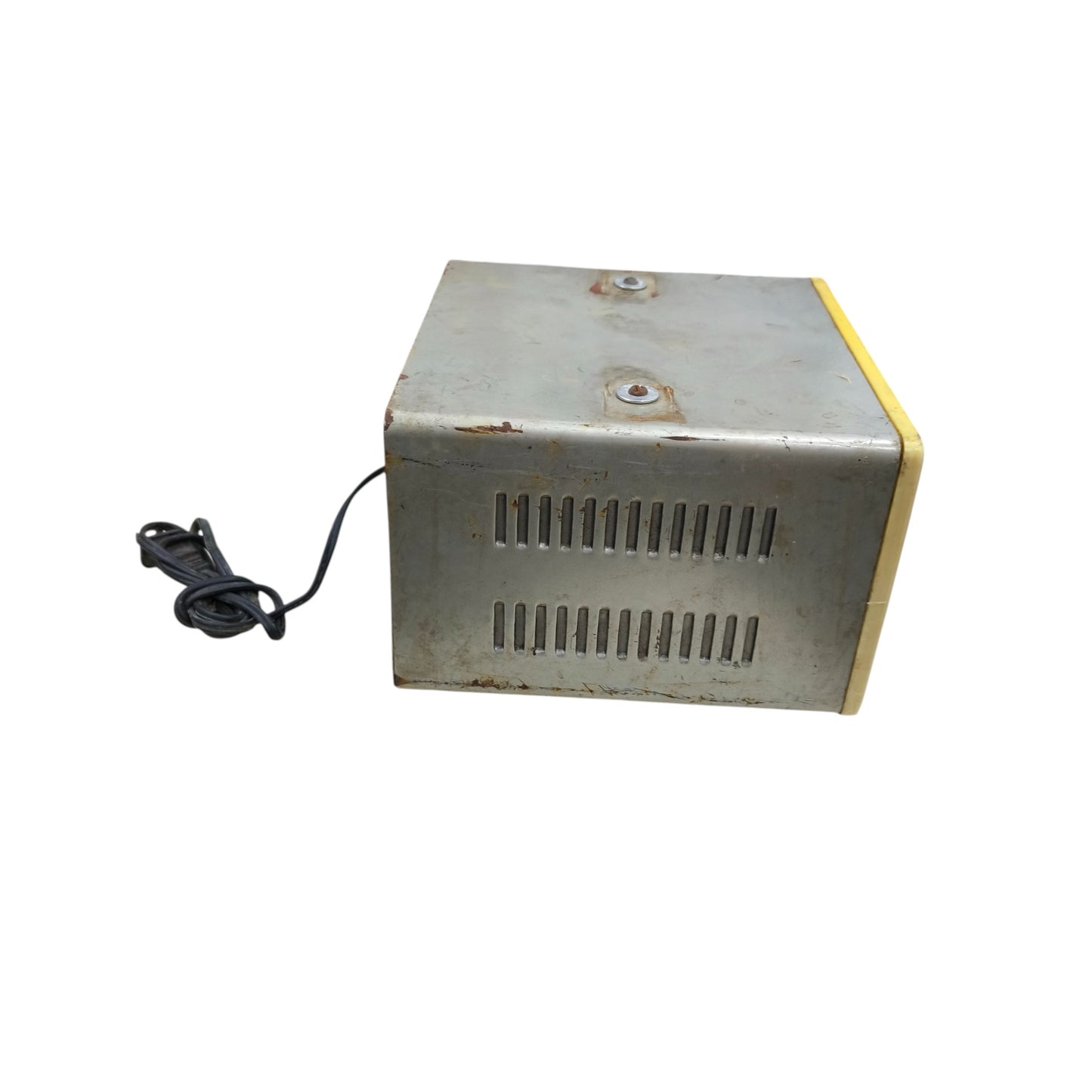 Metal box with a power cord on a white background