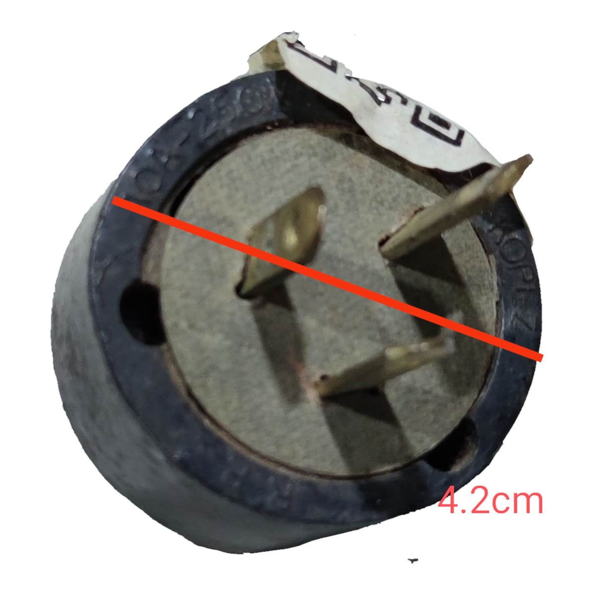 A small cylindrical electronic component with three metal pins and a dark circular base, shown on a white background with a red measurement line and red text reading 4.2cm.
