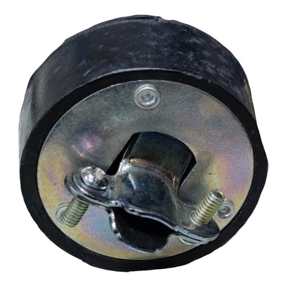 A heavy-duty automotive or industrial floor mount isolator featuring a black rubber bushing and a galvanized steel base plate with two threaded mounting bolts.