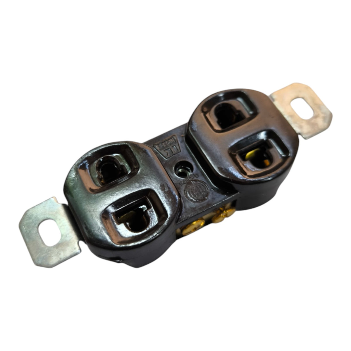 A black plastic electrical outlet component with two silver metal terminal tabs, shown on a plain white background.
