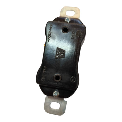 A black electrical terminal block connector with metal screw terminals on a white background.