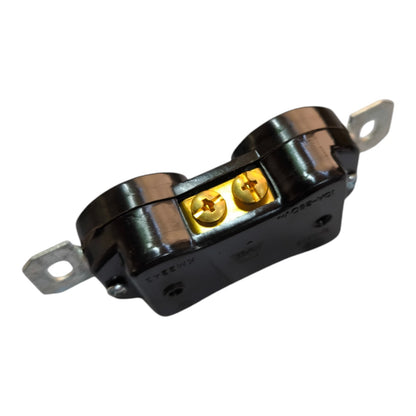 A black electrical terminal block connector with two gold screw terminals and silver metal mounting tabs, shown on a plain white background.