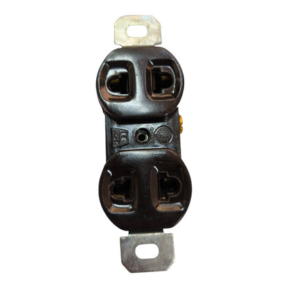 A heavy-duty black electrical outlet with two grounding prongs and metal mounting tabs on a white background.