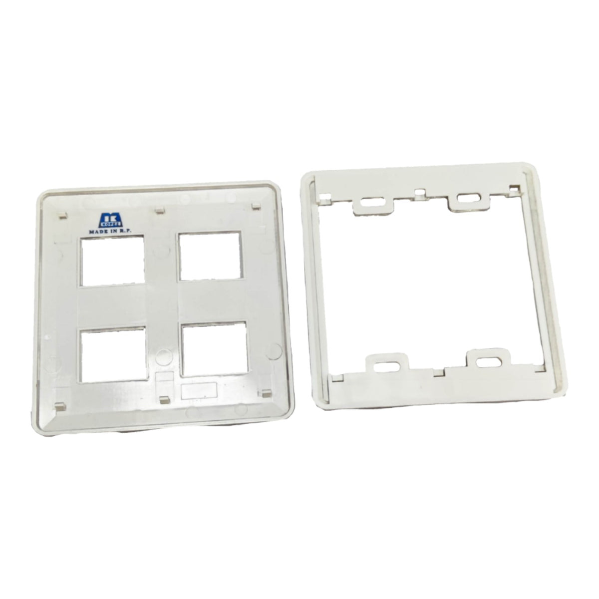 Two white plastic modular wall switch or outlet faceplates shown on a plain white background, one with four connection slots and a small blue logo, and one with mounting slots around the edges.