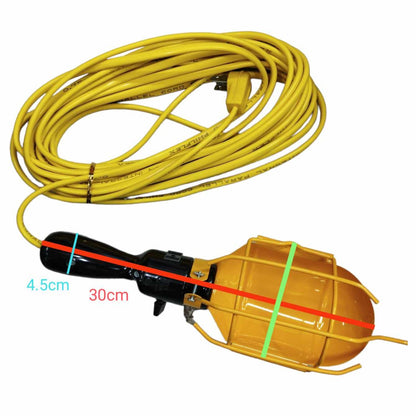 A yellow industrial-style electric tool or attachment with a coiled yellow cord, black handle, and yellow protective cage, shown on a white background with red, blue, and green measurement lines and labels indicating dimensions.