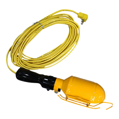 A yellow industrial waterproof cordless light with a black handle and a yellow power cord, shown on a plain white background.