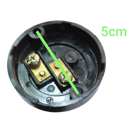 A round black electrical terminal housing or socket base with two gold-colored metal screw terminals, shown on a white background with a green '5cm' text overlay and diagonal measurement line.