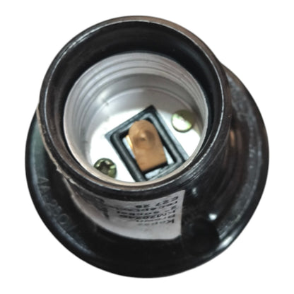 A close-up top-down view of a black electrical light socket with a silver-colored inner threaded body and a gold-colored contact terminal, isolated on a white background.