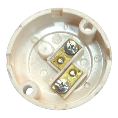 An off-white plastic socket cover with two brass screw terminals and silver screws, shown against a plain white background.