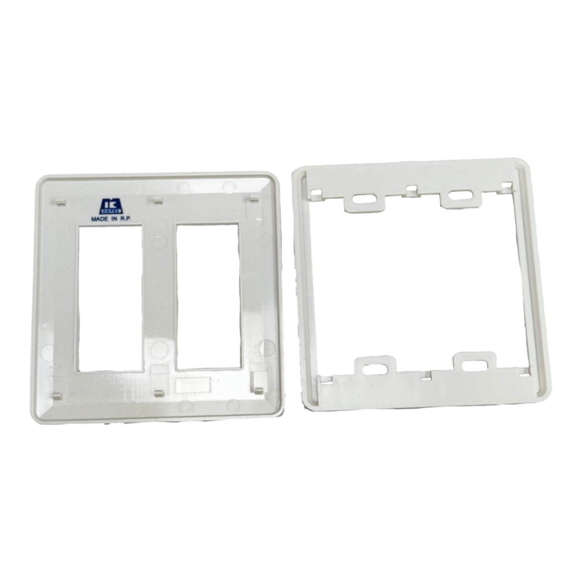 Two white plastic electrical wall plates or switch plate components shown on a plain white background.