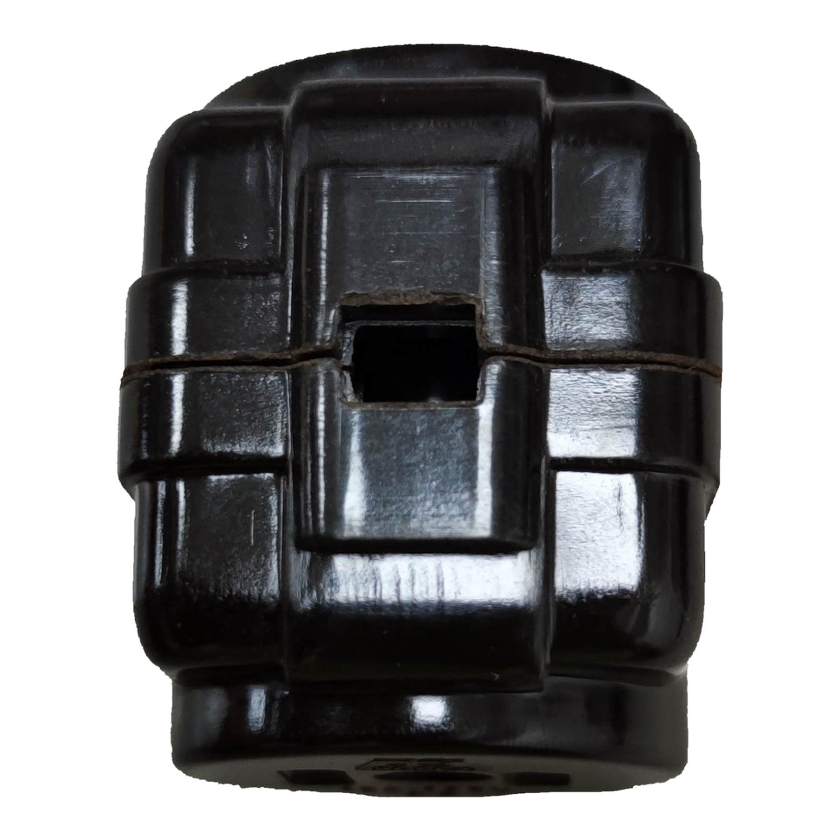 A black plastic cylindrical component with a central square cutout and horizontal ridges, isolated on a white background.