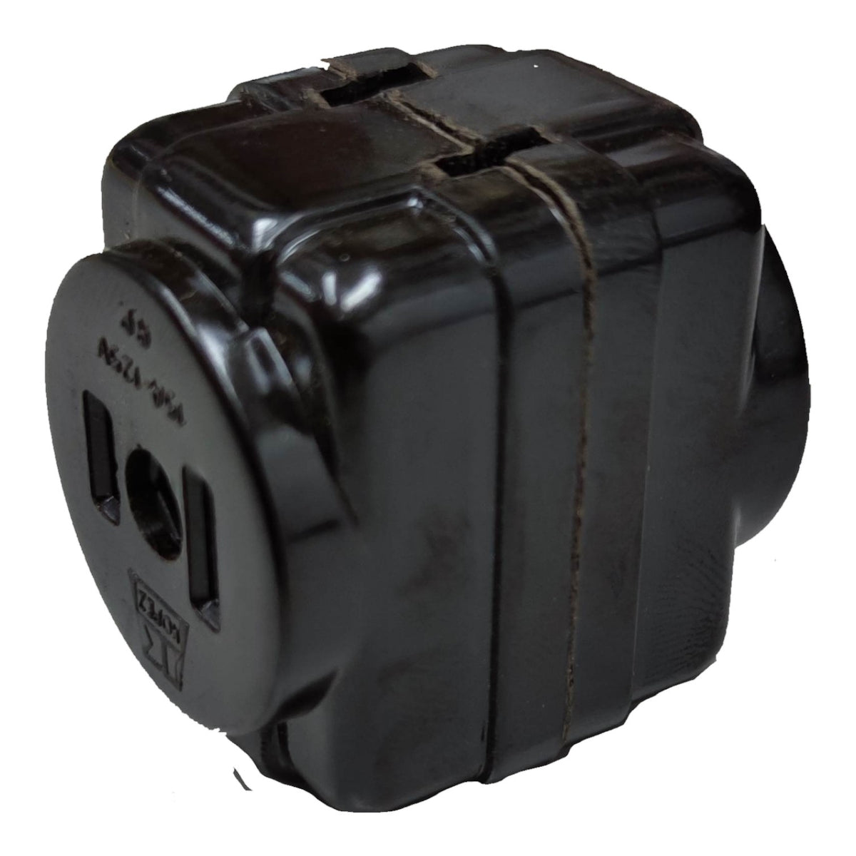 A black plastic multi-socket electrical outlet adapter, featuring a 3-pin outlet on one side and two 2-pin sockets on the front, isolated on a white background.