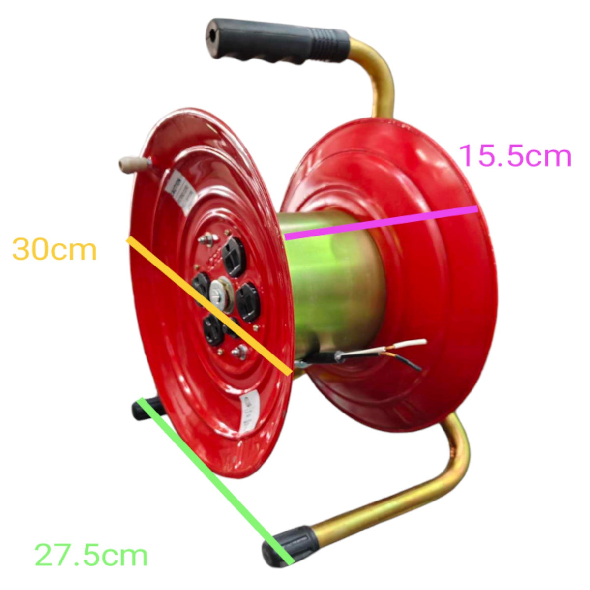 A red cable reel with a gold metal handle and stand, shown with colored dimension lines and labels indicating 30cm, 15.5cm, and 27.