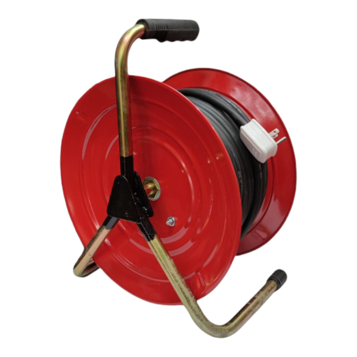 A red cable reel with a black metal handle, black cable wound on the spool, and a white plug visible on the side, isolated on a white background.