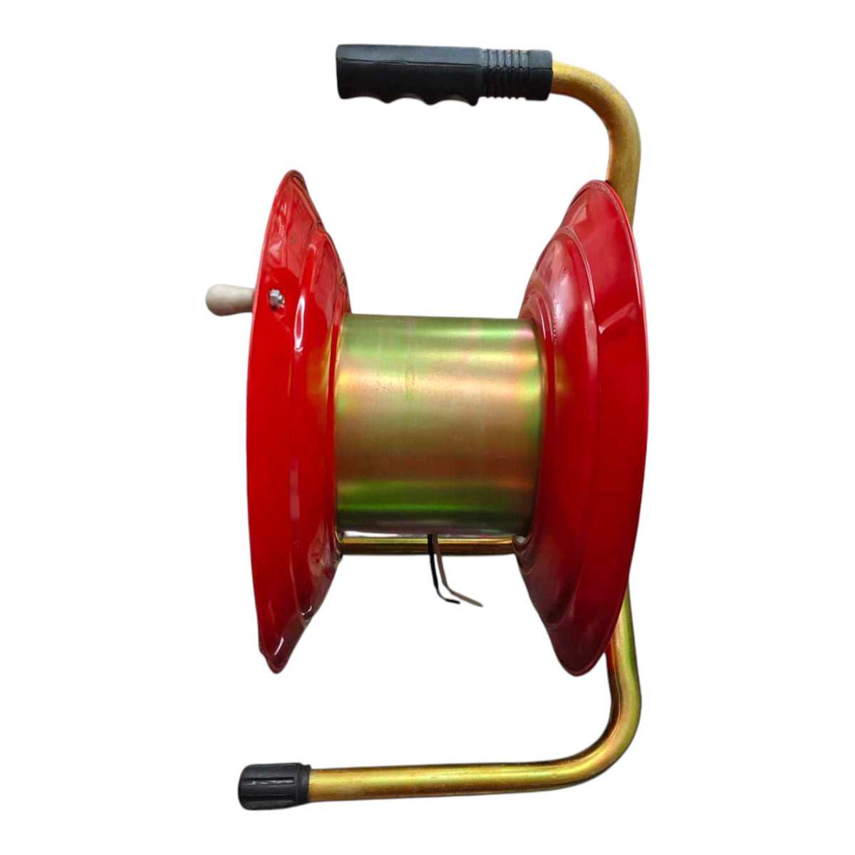 A metal cable reel with red plastic spool flanges, a gold-colored central body, and black handles on the top and bottom, shown against a plain white background.