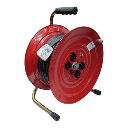 A red metal cord reel with a black handle, a black cable wound around it, and multiple black electrical outlets on the front face, shown on a plain white background.