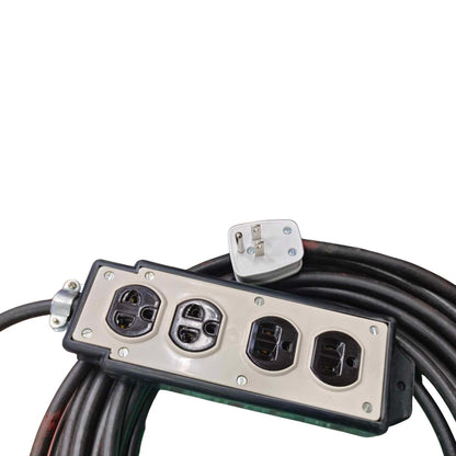 A heavy-duty 4-outlet industrial power strip with a black power cord, a silver metal faceplate, and a white UK two-pin plug, shown on a white background.