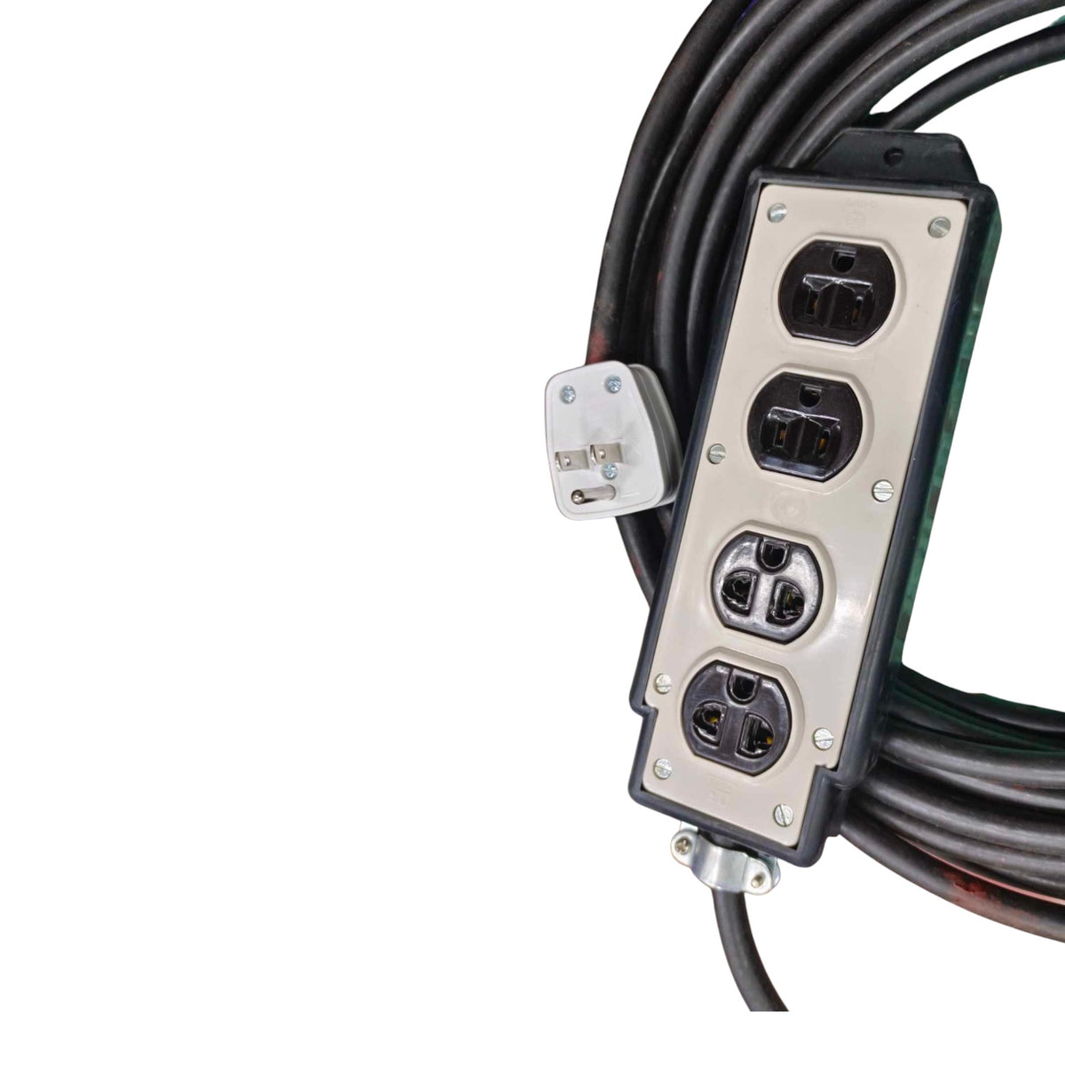 A heavy-duty 4-outlet marine or industrial power strip with a black coiled cable, a silver metal faceplate, and a white grounding plug, shown on a white background.