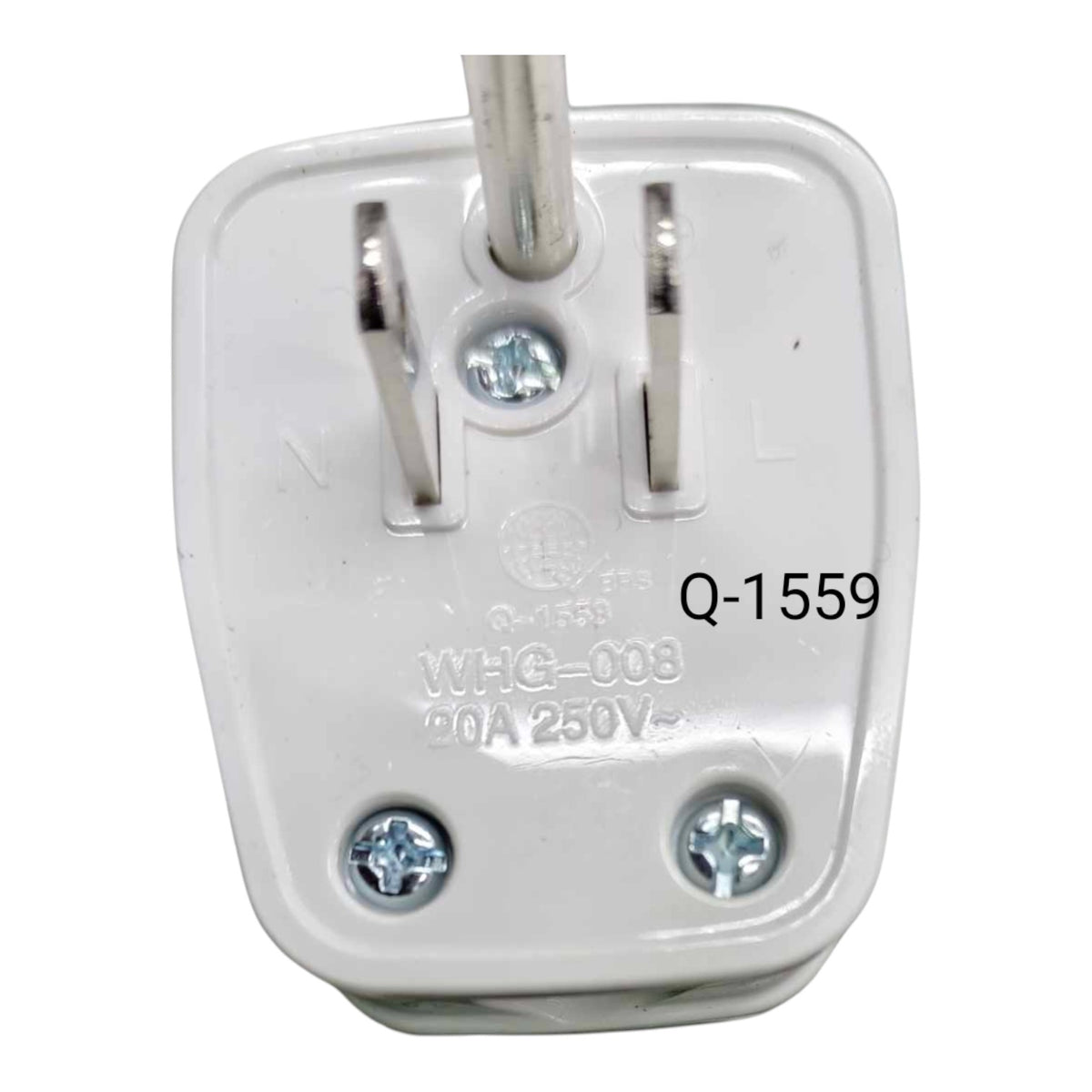 A white UK three-pin wall plug with silver metal pins and screws, featuring embossed text including 'WHC-008', '90A 250V', and the model number 'Q-1559' printed on the side.