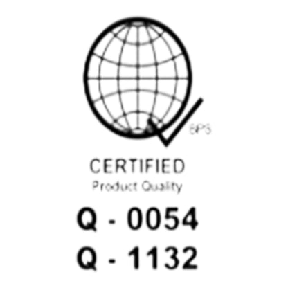 A black-and-white certification graphic showing a globe icon with a check mark, the text 'CERTIFIED Product Quality,' and the numbers 'Q - 0054' and 'Q - 1132' on a white background.