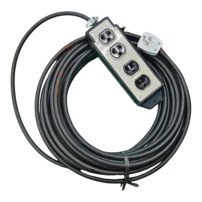 A coiled black industrial power cable with a heavy-duty metal three-outlet power strip and a small white connector block, photographed on a plain white background.