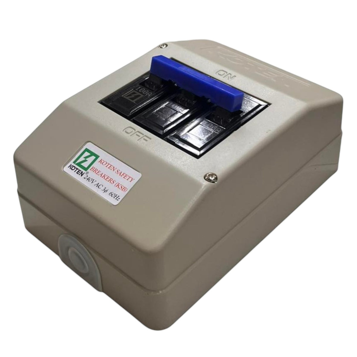 A beige industrial electrical switch panel with three black rocker switches and a blue handle, featuring a green and white 'KOTEN SHIET' certification sticker on the front.