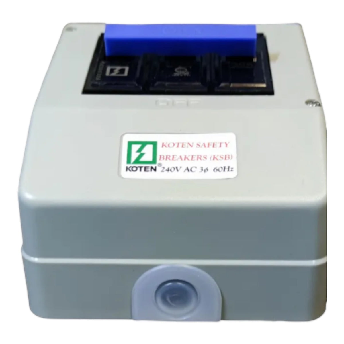 A Koten Safety Breakers KSB 240V AC 3A 60Hz electrical component with a gray plastic housing, a blue top handle, and a white brand label on the front.